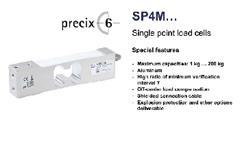 Cảm biến lực cân SP4M C6 Series dạng Single Point, thích hợp để thiết kế dạng cân 1 cảm biến lực duy nhất;
kích thước bàn cân tối đa cho model SP4M C6 rộng 300x300mm, 450 x 450mm, 600x600 mm.
Mức cân (kg) : 7, 10, 15, 18, 36, 50,75, 100, 150kg, 200kg
OIML R60. Lớp chính xác C6 .
Hợp kim nhôm . Bảo vệ IP67 .
	
NHỮNG ĐẶC ĐIỂM CHÍNH
LỚP CHÍNH XÁC C6
DẠNG LOADCELL SINGLE